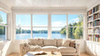 © Tina - Cozy living room with large windows overlooking a serene lake and lush forest, digital meeting background, ms teams backdrop, zoom meeting background, virtual meeting backdrop