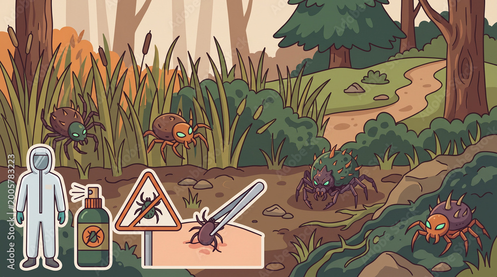 Illustration from a series about tick safety and prevention in outdoor ...