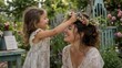 © INTAN - Mother and daughter in garden, daughter places flower crown on mother's head, joyful moment