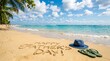 © Doley Design - Fathers day Happy Father's Day message written in sand on a tropical beach with hat and flip-flops Father's Day