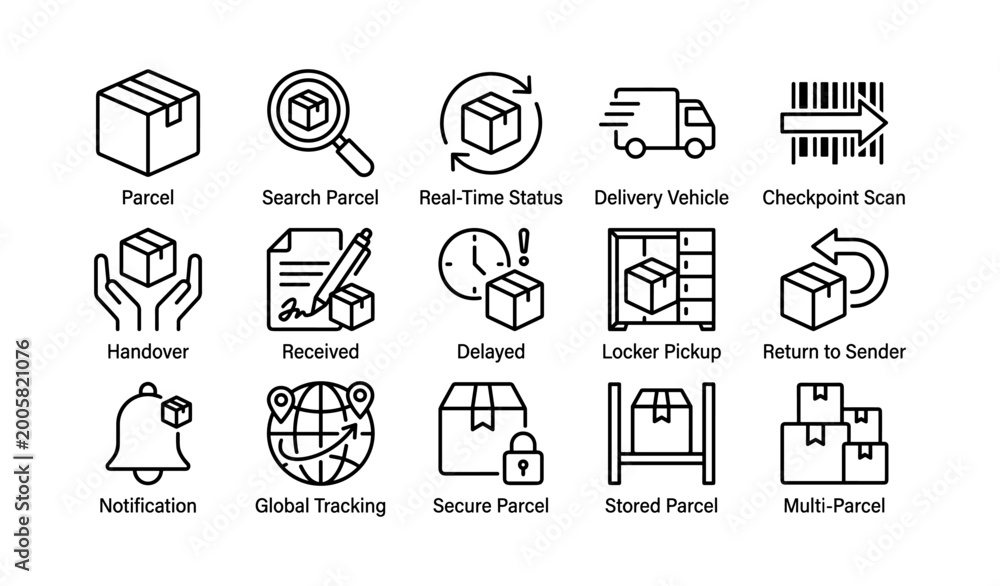 Parcel and delivery icons displayed in a grid on white background Stock ...