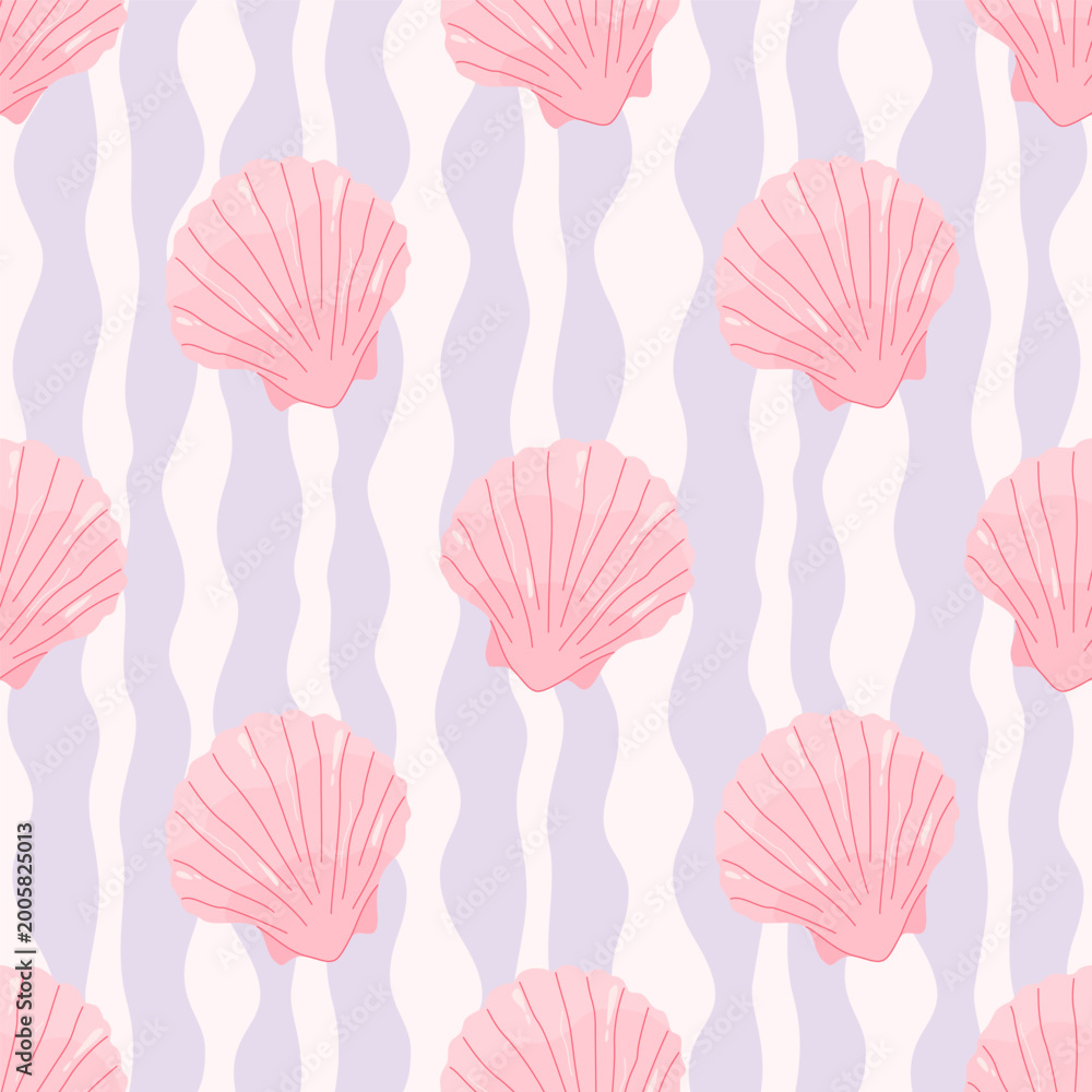 Vector seamless pattern with pink scallop shells on a wavy purple and ...