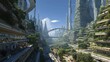 © pisan thailand - A futuristic city integrated with lush greenery, featuring towering buildings covered in plants and elevated pathways under a clear blue sky.