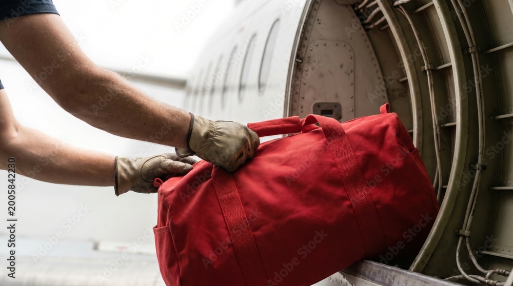 Baggage handler loading a large red duffel bag into the cargo hold of ...