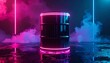 © lutfiyatul - Luxurious Futuristic Black Chrome Oil Barrel with Glowing Neon Edge. Cyber ​​petroleum commodity and finance sci-fi industrial concept in premium high-end 3D rendering style.