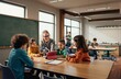 © joeycheung - Teacher guides students with robot toy in bright classroom setting.