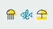 © MDSIRAJUL - Set Of Three Minimalist Blue And Black Icons Including A Jellyfish A Stylized Fish And A Beach Umbrella Over Yellow.