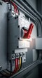 © kimpling - Electric panel with red switch and wires.