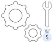© robu_s - Maintenance, repair, cost management, financial savings, industrial process, tools. Two gears, a wrench and a money bag with a dollar sign. Maintenance and financial savings concept