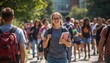 © Ant - A smiling student walks on campus holding books, surrounded by other students in a bright outdoor university setting.