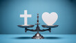 © SM - Symbolic balance scales weighing Christian cross against heart symbolizing faith and love, representing religious values and personal emotions, abstract concept, deep blue background.