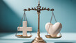 © SM - Ornate balance scales weighing large Christian cross against prominent heart symbol, illustrating importance of faith and love in life's decisions, spiritual balance concept.