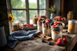 © Sandra Chia - Creative food template. Glass jars of overnight oats oatmeal pudding with chia seed, peanut butter, berries strawberry blueberry on rustic wooden table by morning kitchen window. copy text space.
