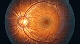 Advanced AI digital retinal scan showing optic nerve and biometric mapping.