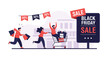 © Faiza - Excited shoppers running and pushing a cart full of bags toward a large Black Friday sale sign in a city street.