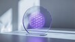 © Tharusha - Transparent glass plate with glowing neon violet Flower of Life pattern representing universal harmony