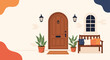 © Joele - Inviting home entrance illustration featuring a brown arched wooden door a cozy wooden bench with pillows and several green plants in terracotta pots.