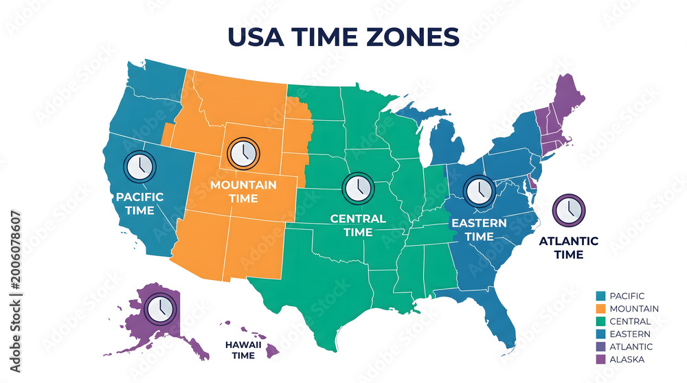 Map of the United States illustrating the different time zones across
