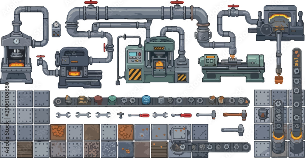 Pixel art industrial factory assets, retro 8-bit machinery and conveyor ...