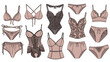© Arend - Elegant collection of women's lingerie featuring various styles of delicate lace bras, corsets, and panties in a soft muted pink color palette.