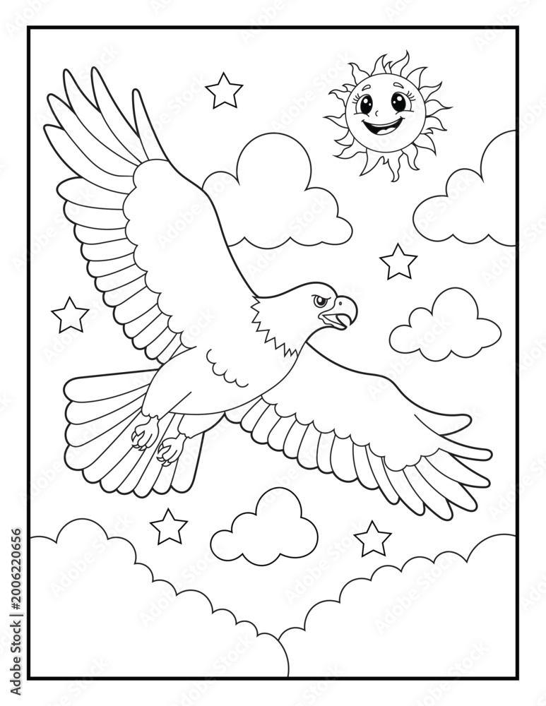 Flying Eagle Coloring Page for Kids. Cartoon Eagle Soaring in Sky with ...