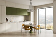 © ImageFlow - Modern minimalist kitchen interior with green cabinets, round dining table, mustard chairs, expansive window view and warm natural lighting. 3D Rendering