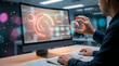 © Technology Image - Businessman Holding Holographic Globe with Futuristic HUD Dashboard on Monitor Showing Circular Gauges and Folder Flowchart — Global Data Management and Digital Transformation Concept