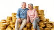 © Cliff - Happy senior couple sitting on a growing stack of gold coins, conceptual image of successful retirement planning, financial well-being and security for the elderly, isolated on white background