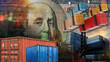 © le - Complex geopolitical shifts and US dollar fluctuations are impacting global imports, exports, and maritime trade. This is illustrated by images of shipping containers, the 100-dollar banknote