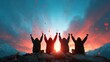 © svastix - A group of five friends celebrates at sunset, raising their fists in triumph against a backdrop of colorful skies and rugged mountains, symbolizing unity and accomplishment.