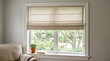 © Al - A serene window with elegant Roman shades and a view of lush greenery creates a sense of peaceful tranquility, natural light filters through the window, enhancing the calming ambiance.