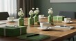 © Bakha - gift box with ribbon and tea cup on wooden table in cozy meeting room