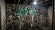 © PakVsInd - Bright green mold patches grow aggressively across the dark damp concrete block walls of an old basement interior space illuminated by a single hanging light bulb while moisture damage ruins the struc