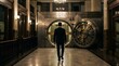 © APS - Man in Suit Walks Towards Large Open Bank Vault Door.
