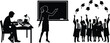 © Designer Arif - Black and white silhouette vector set showing education journey from student studying at desk to teacher and final graduation ceremony.