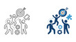 © AHMED - Team success and goal achievement icon set showing people hitting targets with puzzle pieces and gears for business strategy and milestone attainment in flat vector graphic design style