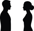 © LoveU - A minimalist vector graphic illustration featuring the black silhouettes of a man and a woman facing each other in profile