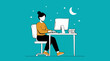 © CANVAUX - Woman working remotely on computer at night, flat illustration