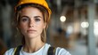 © Larisa AI - A focused young woman wearing a safety helmet and work gear, confidently looking at the camera, symbolizing empowerment and strength in a male-dominated industry.