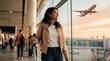 © PixelCorp.ai - woman at airport window, female traveler looking airplane. airport travel lifestyle, woman looking outside terminal