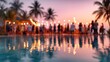 © ColorMelt - Tropical evening party with string lights reflected in a pool at sunset