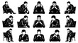 © yachyah - Black  White Vector Art: Pensive Men in Business  Psychology. Stress, Thinking  Mental Health.
