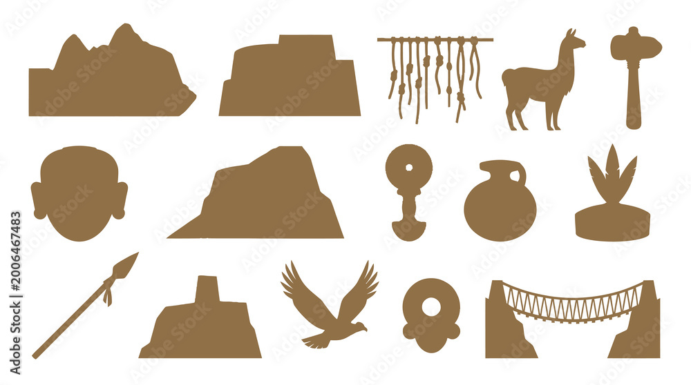 Ancient Inca Symbols Flat Icons: Llama, Bridge, Spear, Pottery, Eagle ...