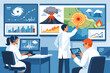© Md - Professional concept illustration of scientific disaster planning and preparedness showing experts analyzing global data for emergency management, hazard mitigation, and environmental safety.
