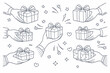 © MDNAHID - Elegant outline drawing of multiple diverse hands presenting beautifully wrapped gift boxes with decorative ribbons, perfect for celebration, holiday giving, rewards, and festive surprise concepts.