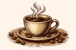 © MDNAHID - Rustic Coffee Cup with Steaming Hot Beverage in a Vintage Woodcut Style Simple Flat Vector Illustration Minimalist Morning Caffeine Design for Cafe Menu Branding and Cozy Winter Concept Artwork