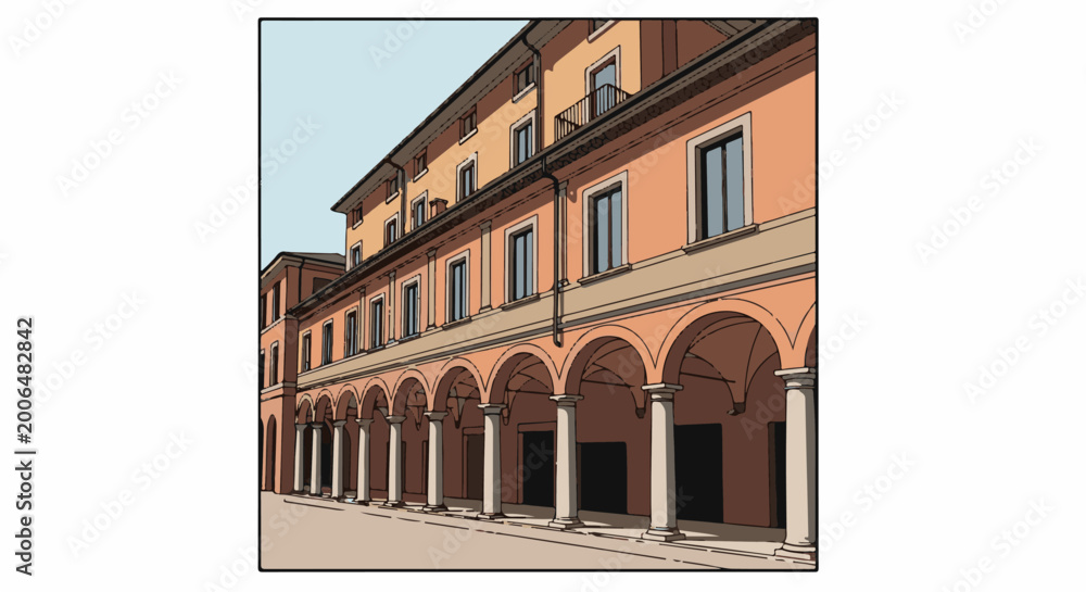Old building with arched walkway, windows, balconies, and columns under ...