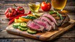 © VisualVault - Seared steak sliced on wooden board with vibrant vegetables and herbs