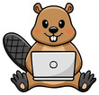 © Антонина Бабичева - Cartoon beaver using a laptop computer, cute animal character