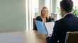 © Ada - Smiling confident female candidate in job interview, recruiter holding resume folder, modern office with copy space